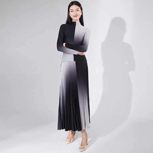 2025 suit women's fashion high-end women's clothing Popular style gradual change long-sleeved T-shirt bottoming shirt drape pleated skirt two-piece set