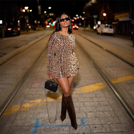 new New Popular trade fashion square collar leopard print slim-fitting sexy long-sleeved sequin design hip-wrapped dress for women