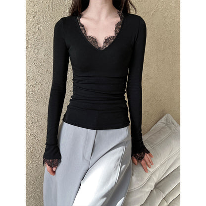 Luxi, sexy pure desire style V-neck lace lace bottoming shirt women's spring new design sense T-shirt 2862