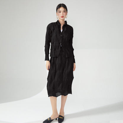 2025 Nanyou high-end women's clothing Sanzhai spring and autumn suit skirt single-breasted pleated shirt jacket straight skirt pleated two-piece set