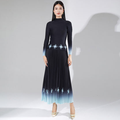 2025 Pleated suit women's fashion two-piece set spring and summer new printed slim-fit top pendant versatile skirt
