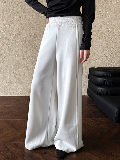 Luxi, Korean lace splicing casual wide-leg pants women's spring new high-waisted versatile soft waxy straight trousers 2890