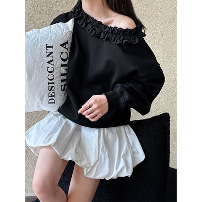Luxi, Korean version of fungus lace slanted shoulder long-sleeved sweater women's spring new loose casual versatile top 2903