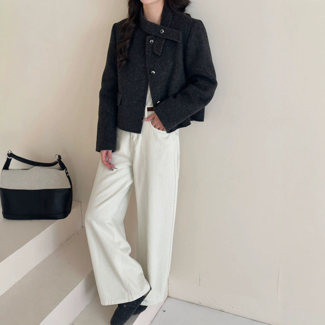 2025 Scarf collar Solid color small fragrant wind round neck single-breasted front shoulder short double-sided wool woolen coat coat women