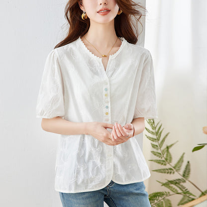 [Customized] Lace lace round neck shirt women's short sleeves  summer wear new temperament light embroidered shirt