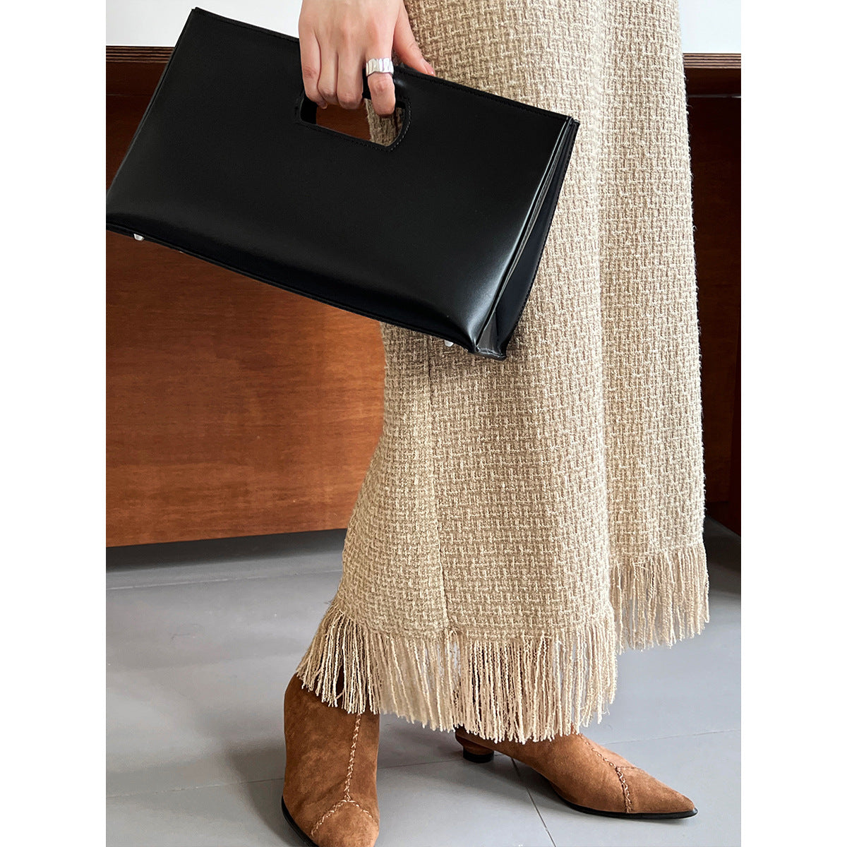 Luxi, spring  small fragrant style suit women's fringed top + split skirt fashion two-piece set 5586