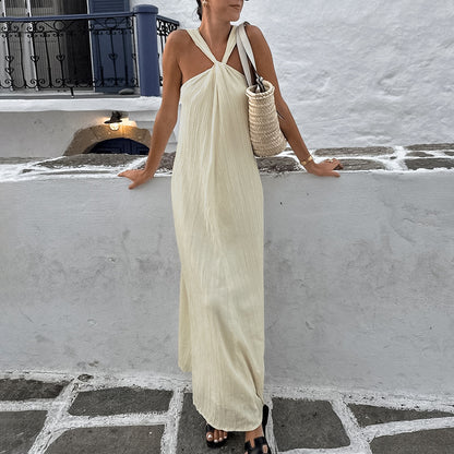 2025 Beige sleeveless neck beach casual dress popular autumn  fashion simple new ankle dress women