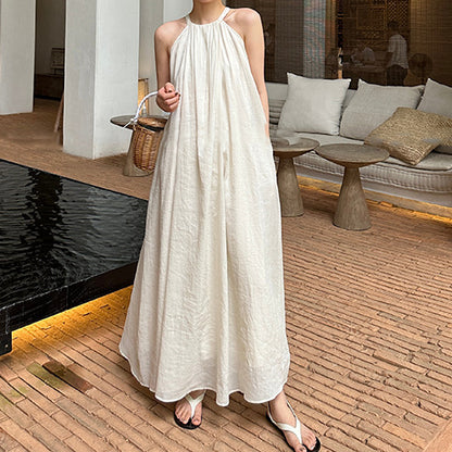 2025 spring and summer new neck pleated fried color pure ramie cotton and linen loose holiday dress
