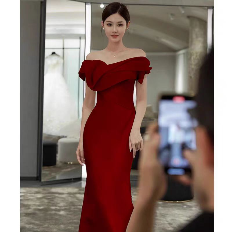 2025 black one-word shoulder satin banquet annual meeting host birthday temperament fishtail trailing evening dress dress