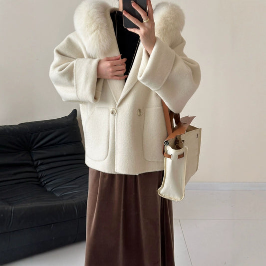 2025 Fox fur hooded large pocket double-breasted removable double-sided wool coat medium and long woolen coat women's autumn and winter
