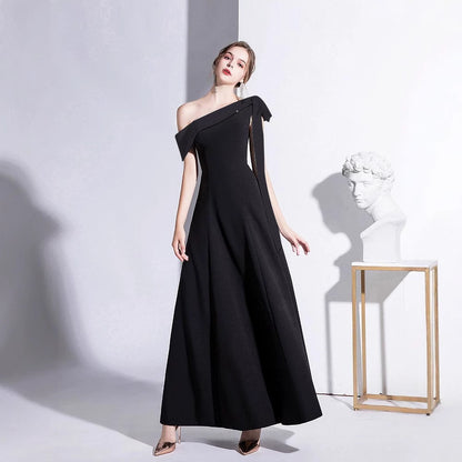 2025 Black evening dress women's  spring new one-shoulder celebrity temperament banquet dress slim long daily dress