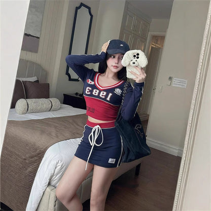 popular autumn new  New slim-fit fashion printing contrasting colors Spice Girl long-sleeved top lace-up short skirt set