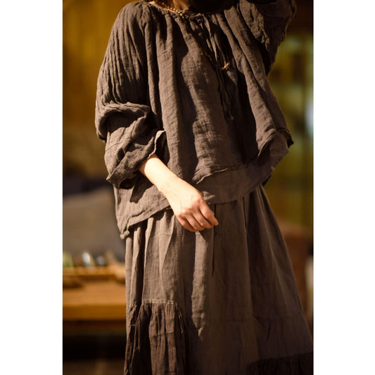 2025  22/8 Lin Shen, early autumn literary and retro texture linen crew neck drawstring loose pullover
