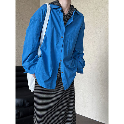 Luxi  spring new retro contrasting color button white shirt women's Korean age-reducing stacked outer shirt 3395