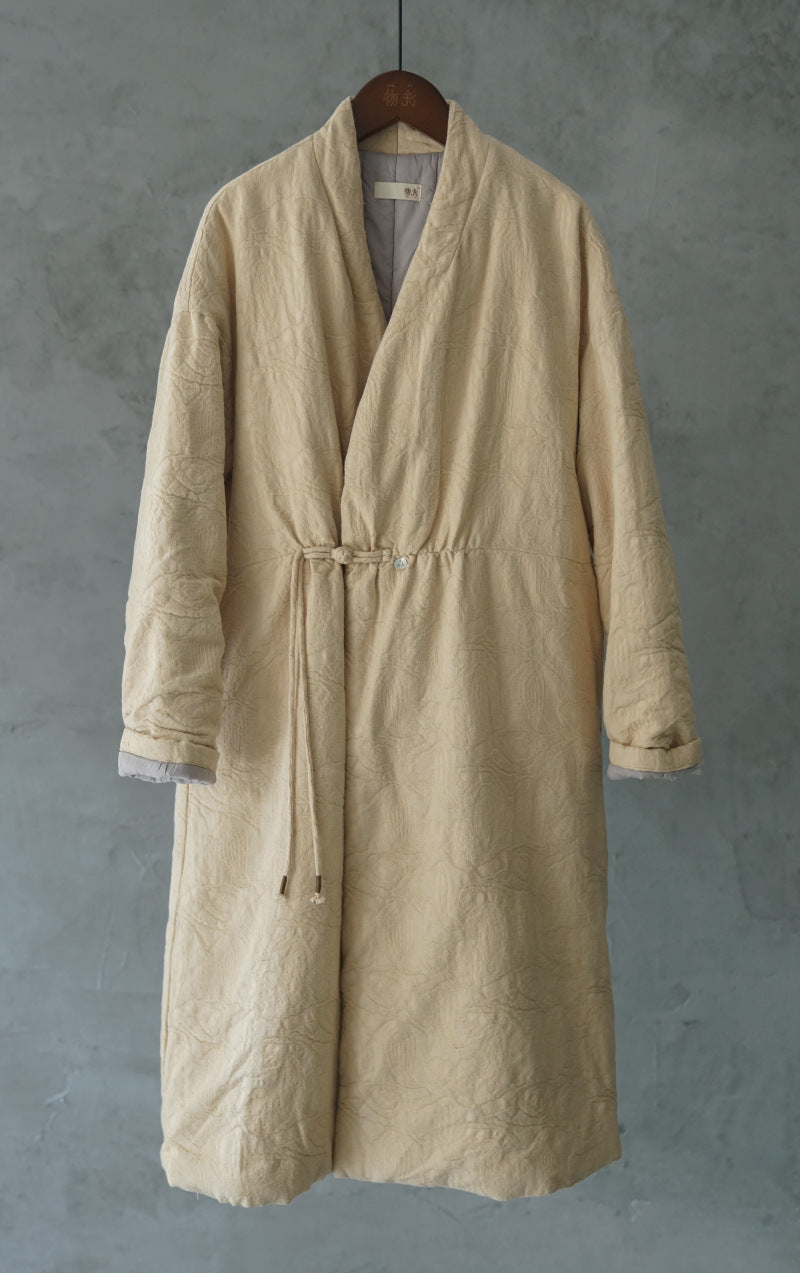 national style Zen jacquard thickened long cotton-padded coat, new Chinese elegant dark pattern jacquard extended cotton-padded coat M21439