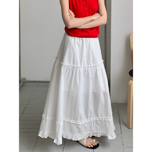 2025 THE MIND fungus lace white big swing skirt 2025 summer new elastic waist versatile A-shaped skirt 002AX