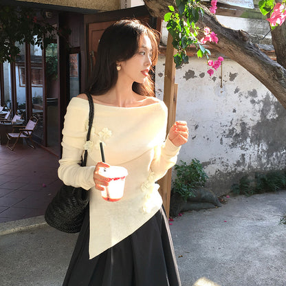 2025 spring new Korean version of flower temperament one-word neck wool knitted sweater women's top 25138