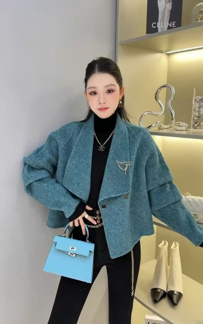 2025 Mulberry silk rabbit hair wool suit collar shoulder sleeve single-breasted double-sided wool coat woolen jacket to keep warm in autumn and winter