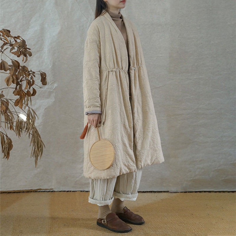 national style Zen jacquard thickened long cotton-padded coat, new Chinese elegant dark pattern jacquard extended cotton-padded coat M21439