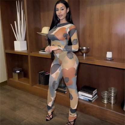 summer new fashionable sexy Spice Girls long-sleeved crew neck printed top high waist hip-wrapped trousers suit