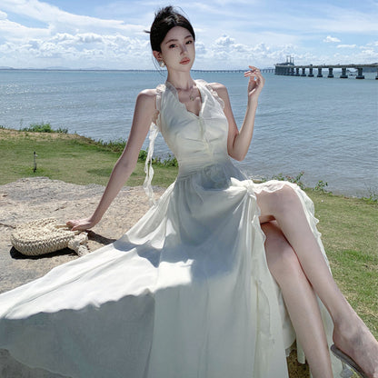 2025 high-end sense super good-looking fairy temperament chiffon neck dress fairy summer seaside vacation long skirt
