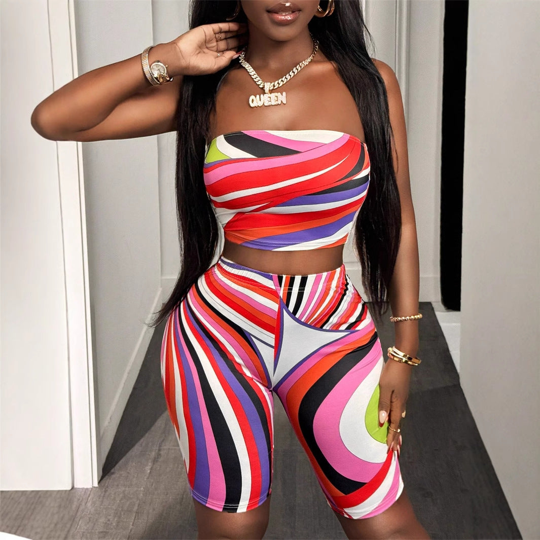 summer  Popular trade New fashion contrasting color printing sexy tube top sleeveless top hip-wrapped short suit