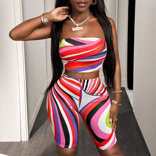 summer  Popular trade New fashion contrasting color printing sexy tube top sleeveless top hip-wrapped short suit
