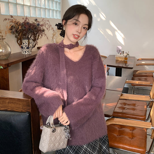 2025 Thirteen Lines popular Autumn and Winter New V-Neck Neck Thickened Imitation Mink Knitted Sweater Women's Sweater Women's 25164