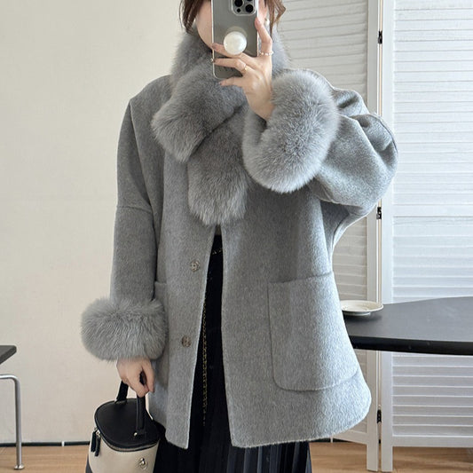 2025 Fox hair high-end temperament double-sided wool jacket woolen coat women's new autumn and winter Mao Mao new autumn and winter