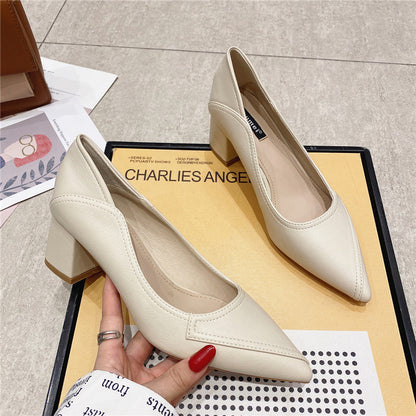 2025 555-1 pointed thick heel shallow mouth women's single shoes commuting simple professional work shoes daily comfort high heels women