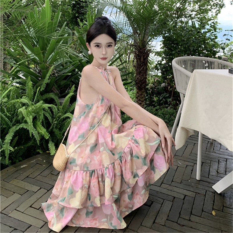 2025 neck dress, small floral cake skirt, bow-tie tutu skirt, women's summer seaside vacation style