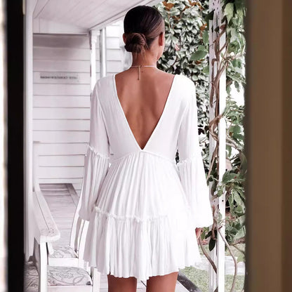2025 Spring and Summer   Sexy European and American Women's Front and Rear Deep V-neck Long Sleeve Lantern Sleeve Solid Color Dress