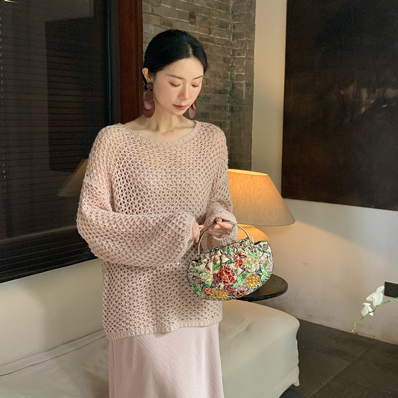2025 popular autumn loose long-sleeved hollow knitted sweater women's top oversize sweater 25064