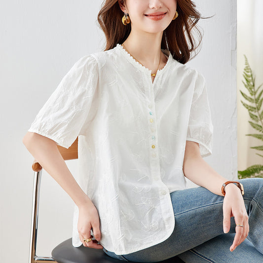 [Customized] Lace lace round neck shirt women's short sleeves  summer wear new temperament light embroidered shirt