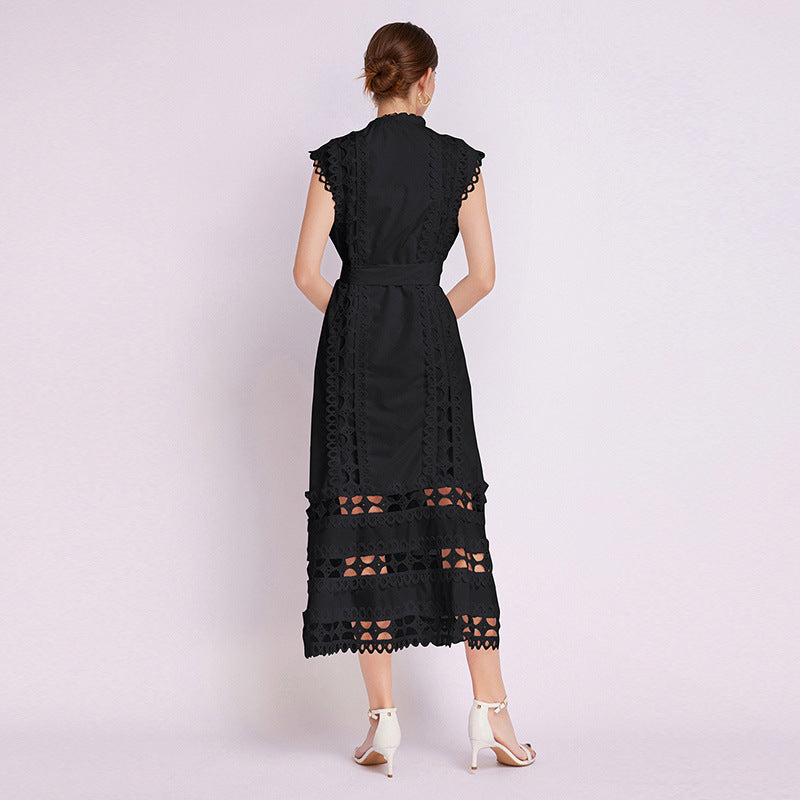temperament high sense stand collar hollow embroidered lace splicing sleeveless waist thin elegant dress