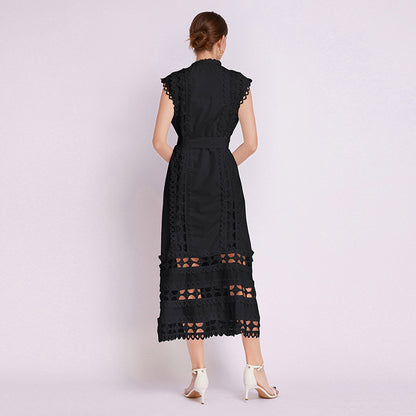temperament high sense stand collar hollow embroidered lace splicing sleeveless waist thin elegant dress