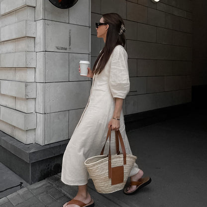 2025 light ripe beige cotton and linen bubble sleeve dress women's summer backless loose V-neck shirt skirt long dress