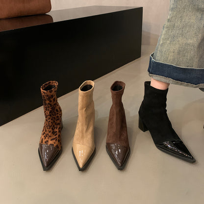 2025  Thick high heels pointed thin boots short boots women's shoes popular new autumn and winter single boots leopard print  temperament small bare boots