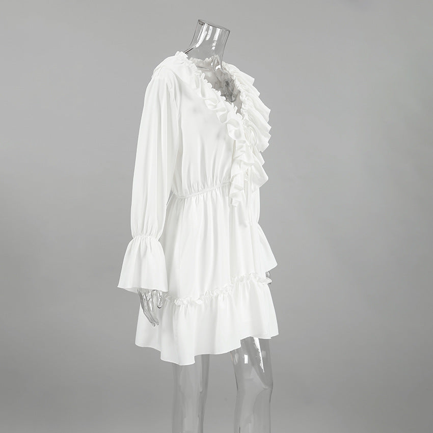 2025 Early autumn fashionable white chiffon sexy slim V-neck ruffle edge long-sleeved lace-up dress casual women's wholesale