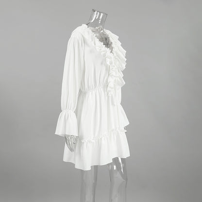 2025 Early autumn fashionable white chiffon sexy slim V-neck ruffle edge long-sleeved lace-up dress casual women's wholesale