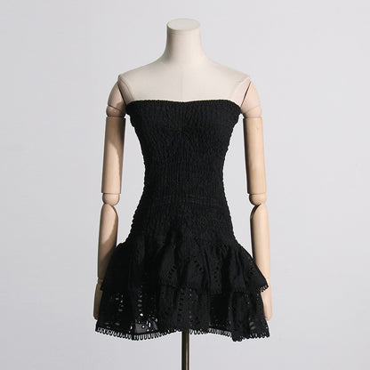 2025 Summer New European and American Sexy Hot Girl Style Elastic Waist Tube Top Embroidered Ruffled Short Dress Women