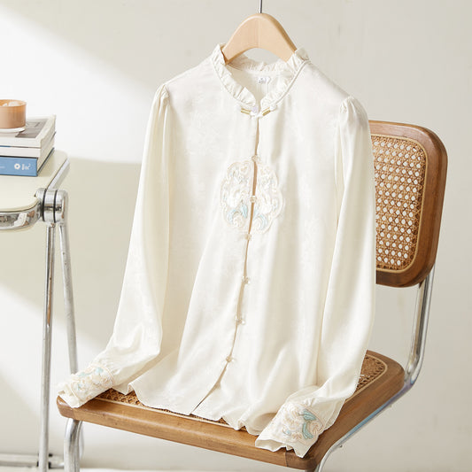 Cotton cocoon, new Chinese style embroidered shirt, female heavy industry flower embroidery bead design, buckle, Tang suit top
