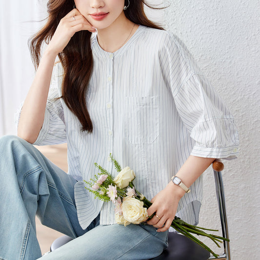 Cotton cocoon  summer new Korean version vertical stripe short-sleeved shirt women