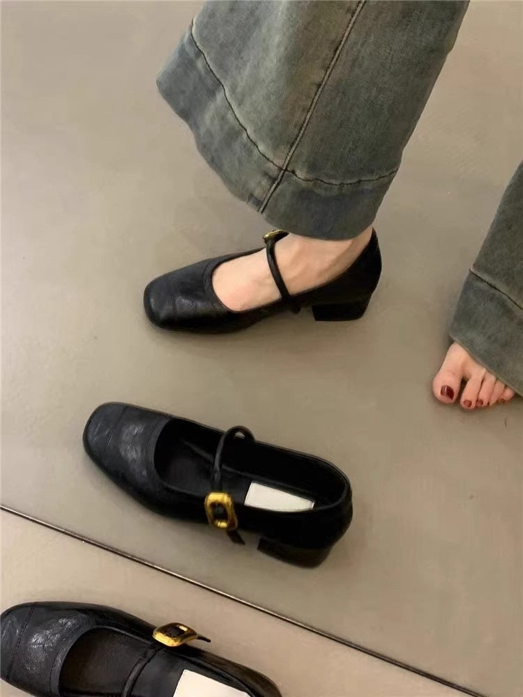 2025  Xiaoxiangfeng high sense word with commuting single shoes women's spring and autumn grandma shoes Doudou shoes ladyshoes thick heel