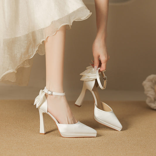 2025 105-2 Bow pointed stiletto high heels waterproof table not tired feet single shoes women's word hollow high heel sandals