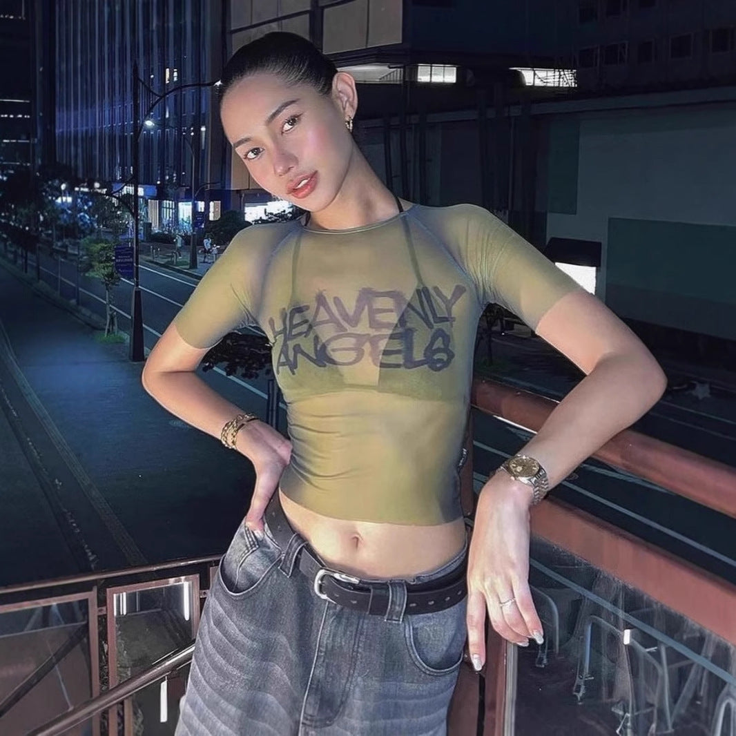 summer new women's clothing n sexy sweet and spicy style perspective printing sexy slim short seamless top women