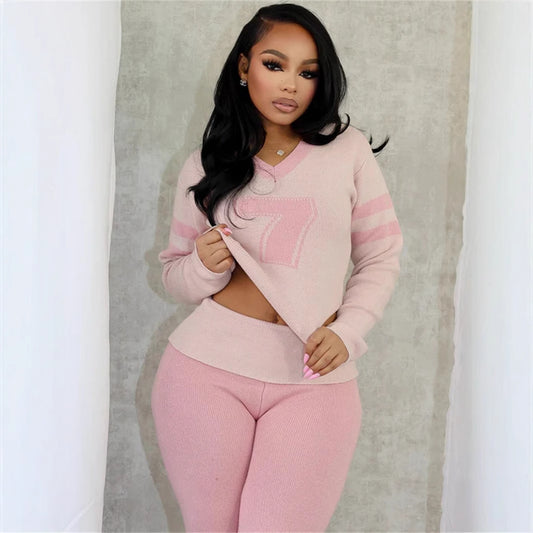 new New Popular trade color contrast fashion versatile V-neck solid color knitted casual long-sleeved top trousers set