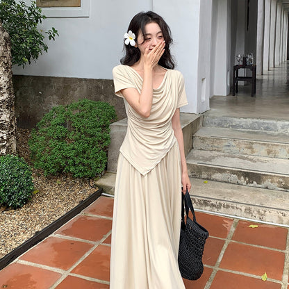 2025 spring and summer temperament knitted swing collar short sleeves + high waist skirt two-piece suit female 89261