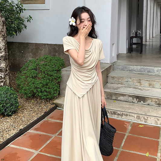 2025 spring and summer temperament knitted swing collar short sleeves + high waist skirt two-piece suit female 89261
