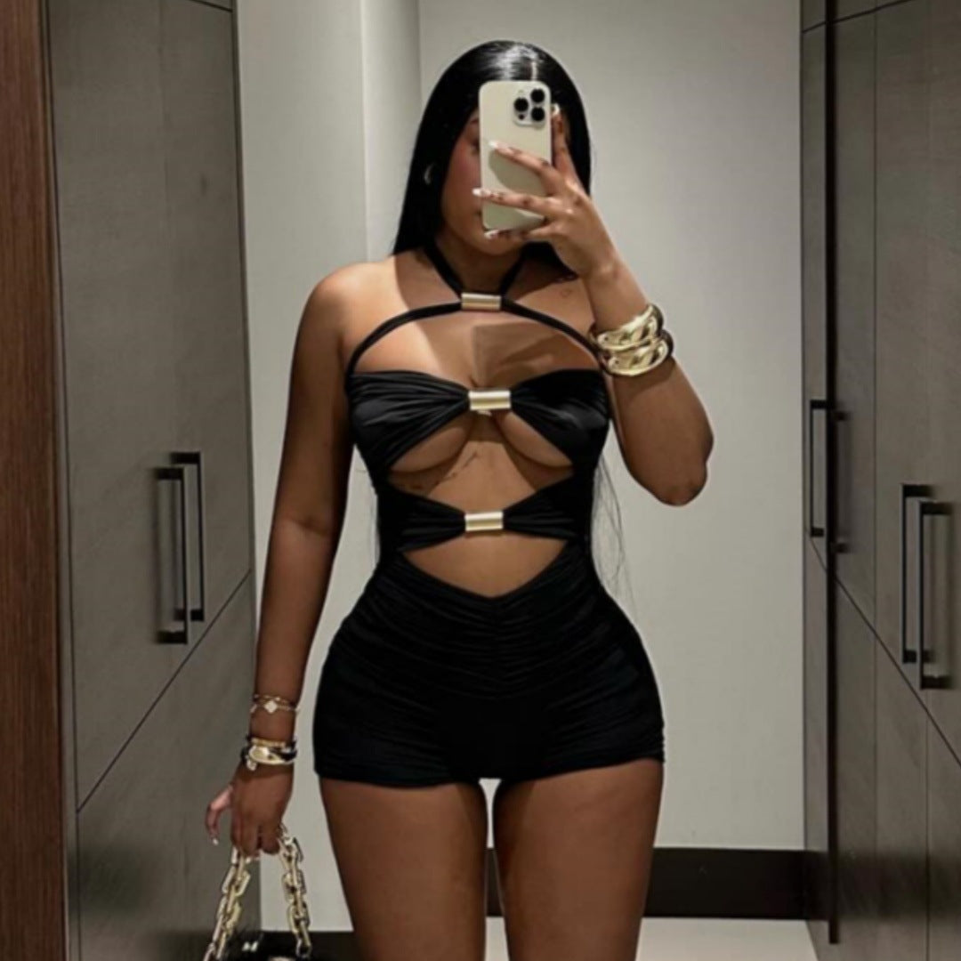 Hot trade women's clothing new personalized hollow metal tube splicing contrasting color bow neck jumpsuit shorts